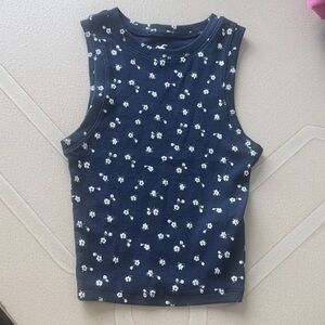 Hollister Juniors Navy Tank Top with White Floral Design